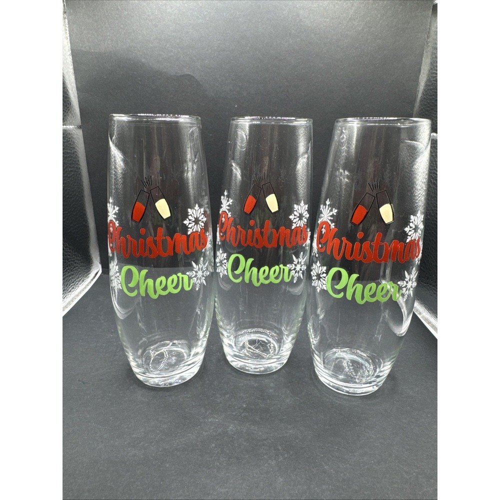 Set Of 3 Christmas Cheer Stemless Flute Wine Glasses 6" Red‎ & Green